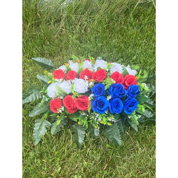 Patriotic Red White Blue Rose Flag Memorial Floral Arrangement Grave Decor - Picture 4 of 6